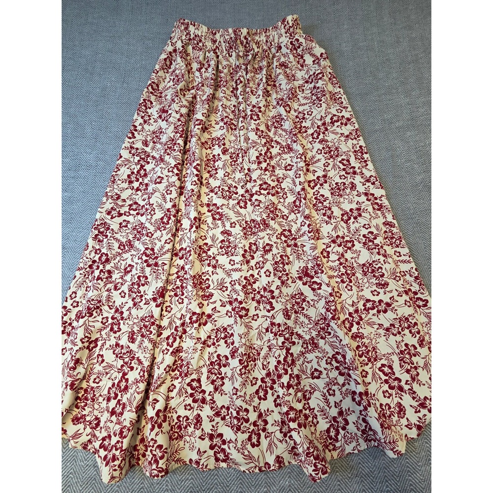 Yincao A-Line Maxi Skirt Womens Large Beige Red Floral Elastic Waist Boho Flowy